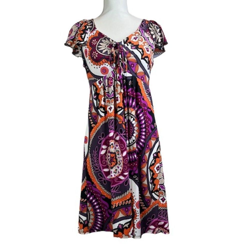 Sunny Leigh Print Dress Orange Purple Gray Tie Neckline Size Medium